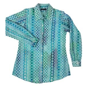 APNY Organic Cotton Eyelet Lace Button Down Shirt Blue Green XS Roll Tab Sleeve